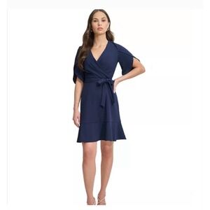 DKNY Tulip Sleeve Tie Wrap Fit and Flare Dress Womens Size 12 Navy‎ Blue